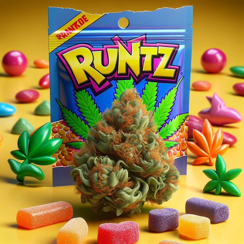 Cannabis Bud mit Bonbons vor Runtz-Verpackung