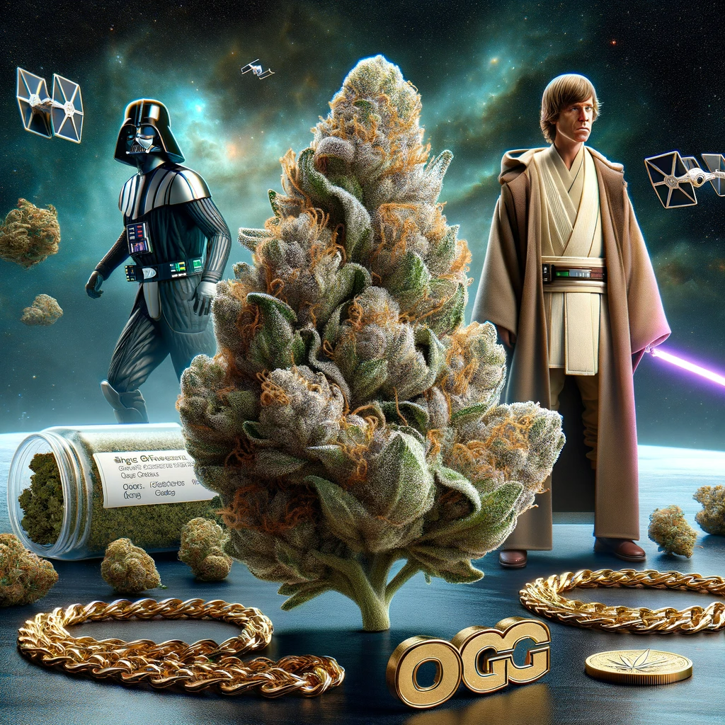 OG Cannabis Bud vor Luke Skywalker und Darth Vader