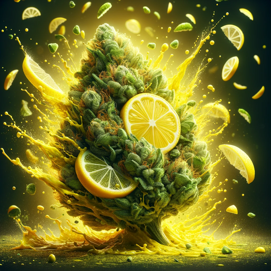 Super Lemon Haze Cannabis Bud mit Zitronen und gelben Spritzern