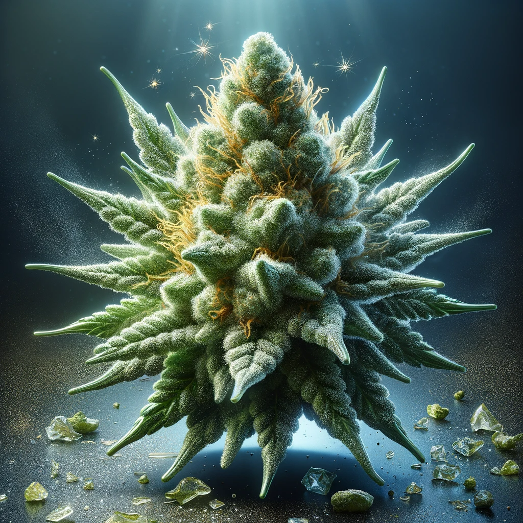 Cannabis Bud mit kleinen Kristallen davor