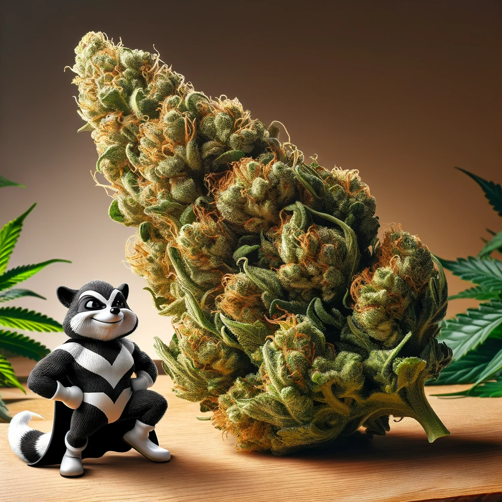 Cannabis Bud Super Skunk mit Comic-Stinktier daneben