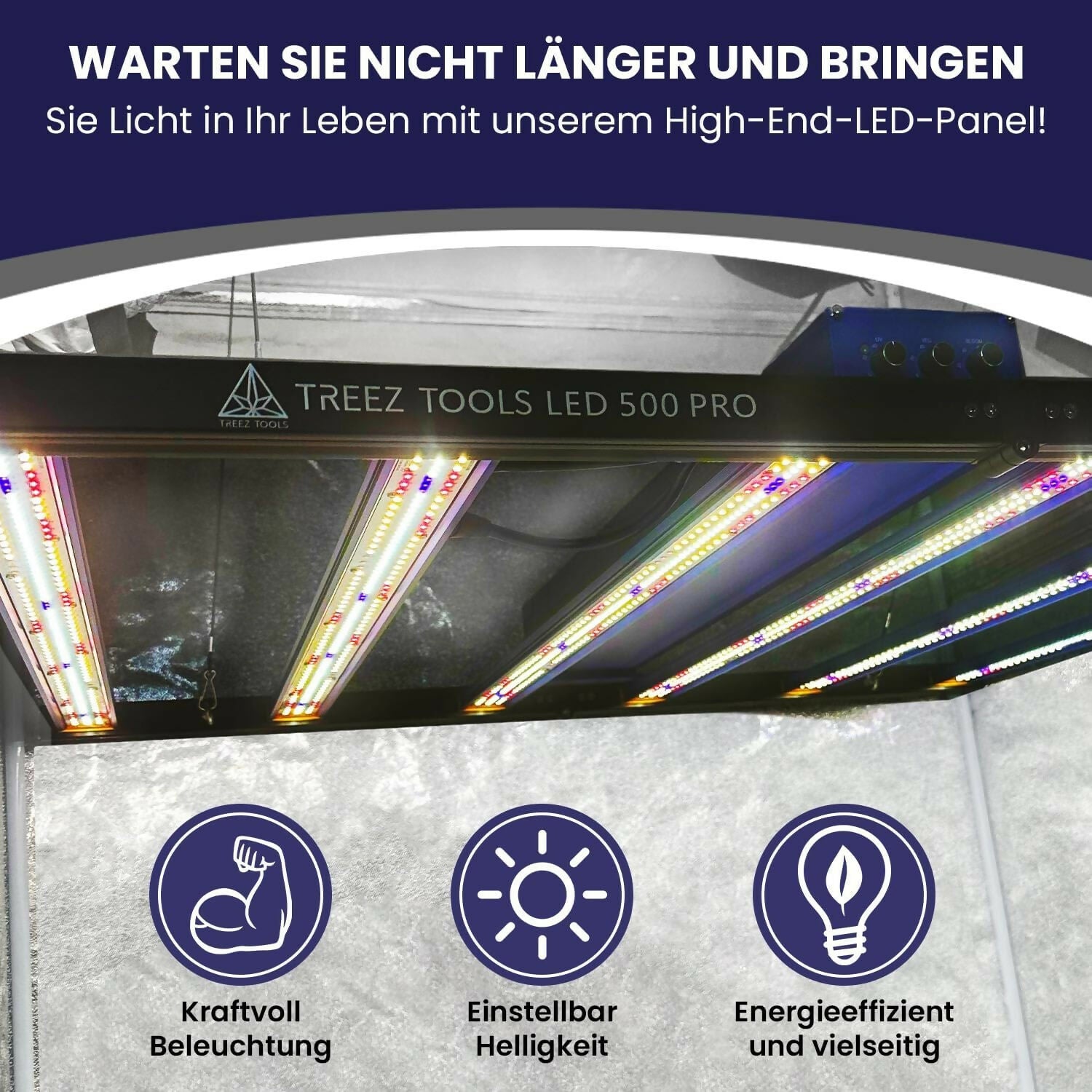 2,9 μmol/j effiziente Growlampe von Treez Tools für vielseitigen Einsatz in Vegetations- und Blütephasen.