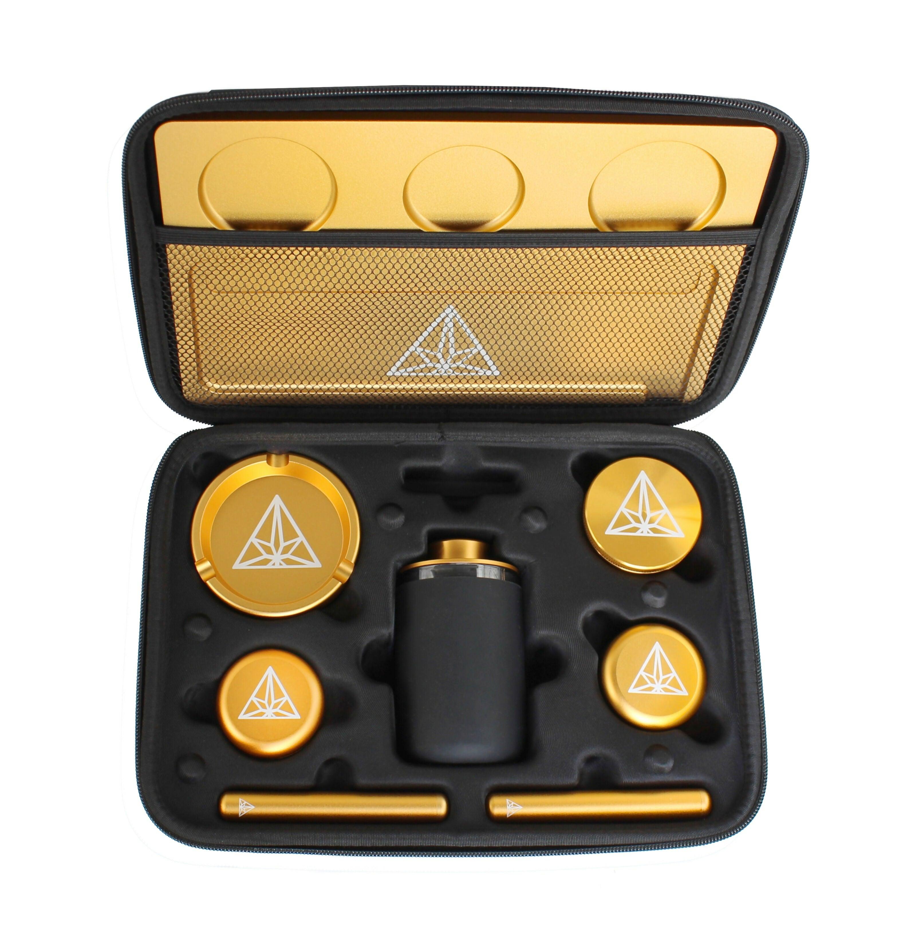 Treez Club Gold Premium Zubehör-Set mit Rolltablett, Grinder, Aschenbecher, Aufbewahrungsgläser und Geruchsdichtem Etui - aboutweed