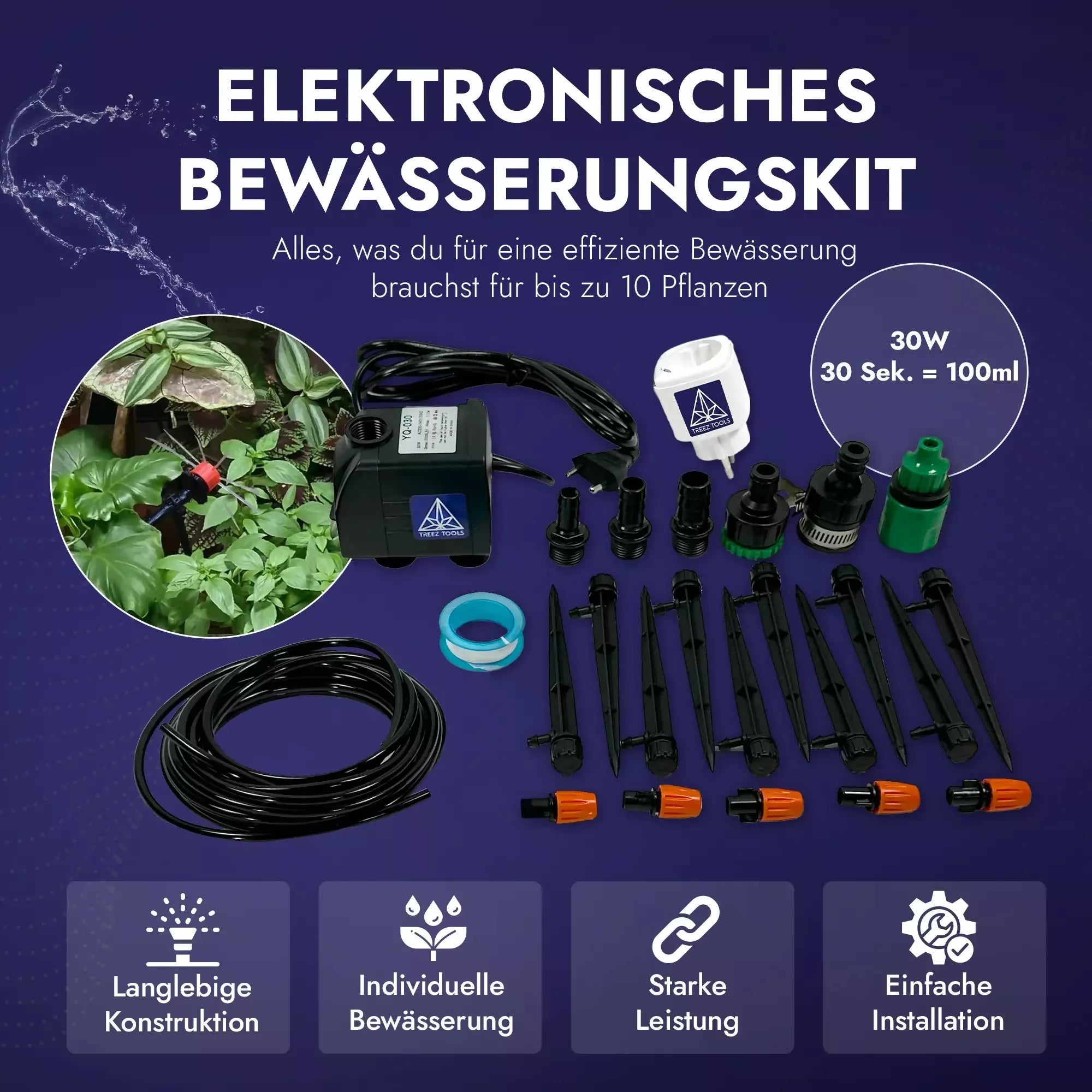 Treez Tools Grow Set S Komplett – 320W LED PRO Grow Lampe, Grow Zelt, Belüftungssystem, Ventilator, Smart Plug, Bewässerungssystem & 3 Grow Töpfe