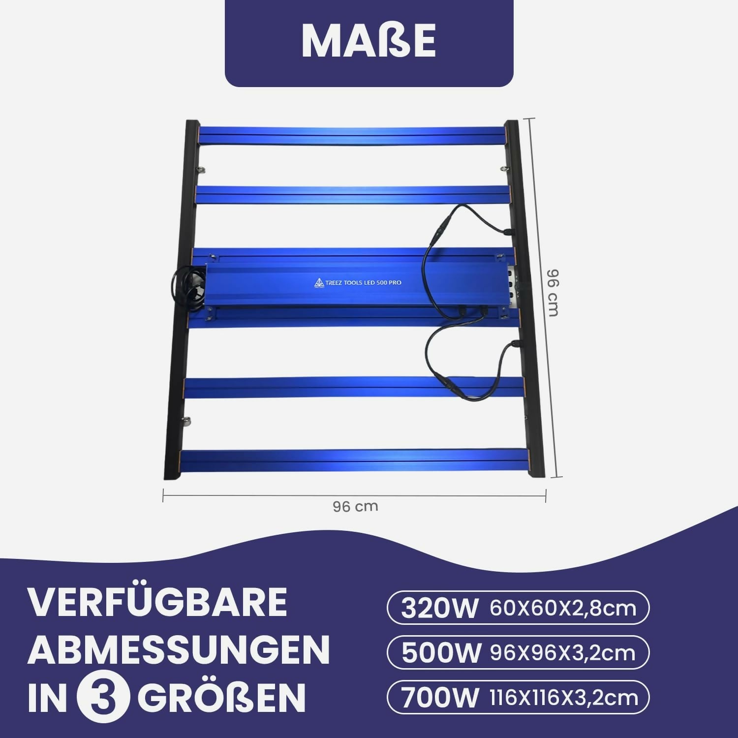 Drei Dimmer-Steuerungen für UV, VEG und BLOOM Lichtmodi an der Treez Tools LED 500 PRO.